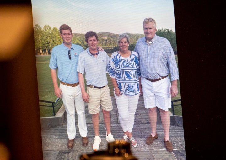 A family photo of Buster, Paul, Maggie and Alex Murdaugh is shown during Murdaugh's murder trial, on March 2, 2023.