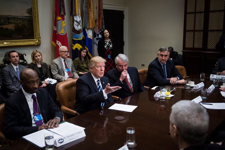 Trump, shown here in a 2017 meeting with pharmaceutical industry representatives, liked to bash drugmakers publicly and even pushed some executive actions designed to lower prices. But when Republican leaders in the Senate were blocking bipartisan legislation on the issue, Trump went along.