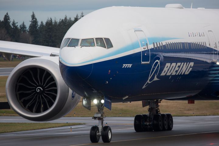 A Boeing 777X airplane taxis before its inaugural flight in Everett, Washington, in 2020. 