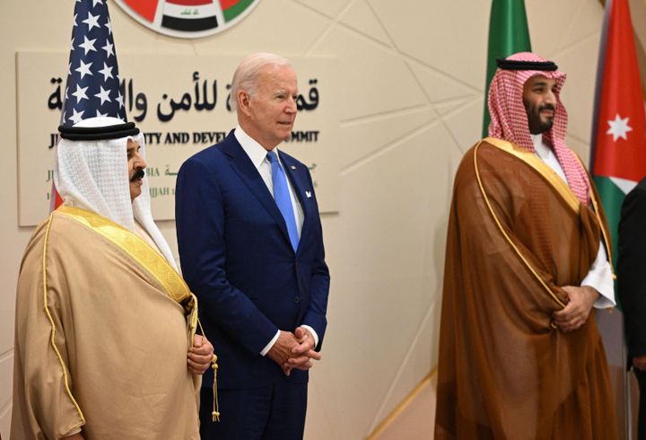 From left to right, Bahrain's King Hamad bin Isa bin Salman al-Khalifa, U.S. President Joe Biden and Saudi Crown Prince Mohammed bin Salman pose for a photo at the Jeddah Security and Development Summit in Jeddah, Saudi Arabia, July 16, 2022.