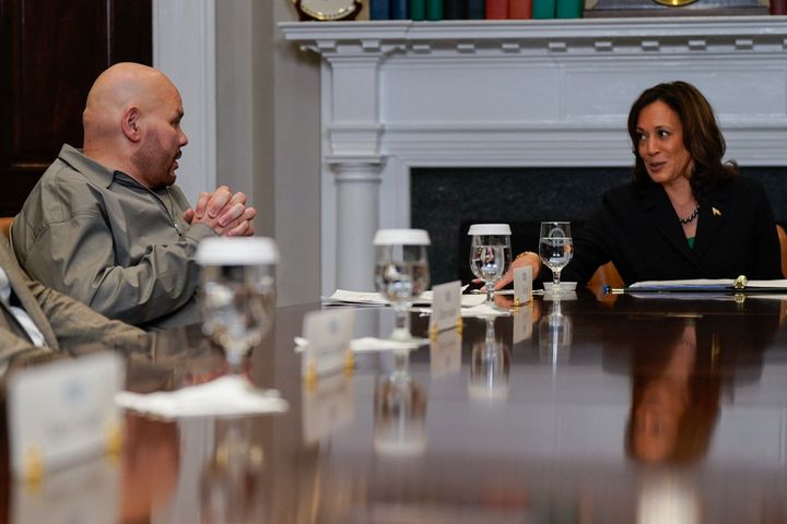 Rapper Fat Joe speaks with Vice President Kamala Harris during a roundtable conversation about marijuana reform and criminal justice reform at the White House on March 15.