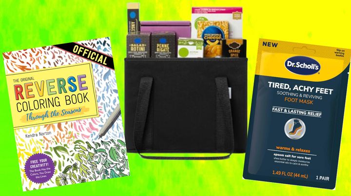 Reverse coloring book, grocery bags and foot masks.