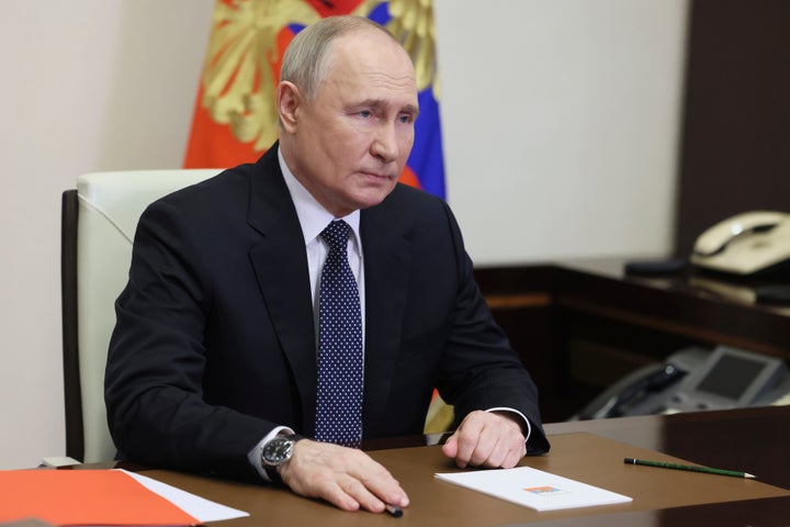 Russian President Vladimir Putin chairs a Security Council meeting at the Novo-Ogaryovo state residence outside Moscow, Russia, Friday, March 15, 2024. (Mikhail Metzel, Sputnik, Kremlin Pool Photo via AP)