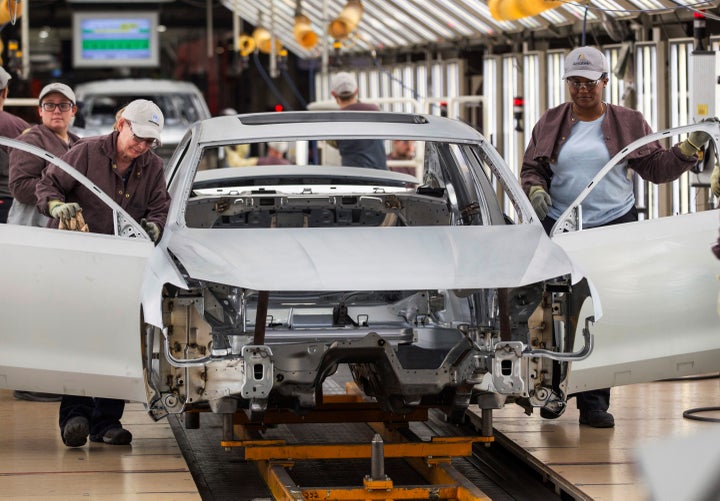 Workers assembling a vehicle at the Chattanooga plant in 2017. A union victory there would be a historic one for unions in the South.