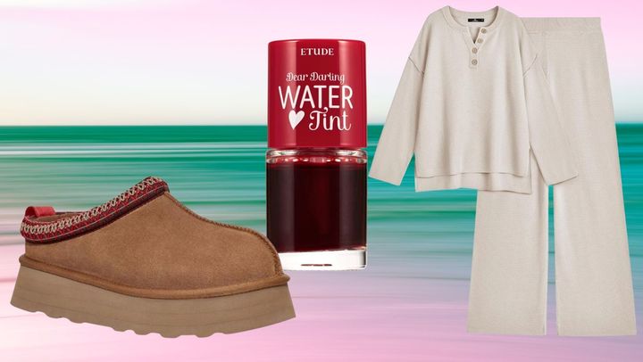 A pair of platform slippers, a water lip tint and a lounge set. 