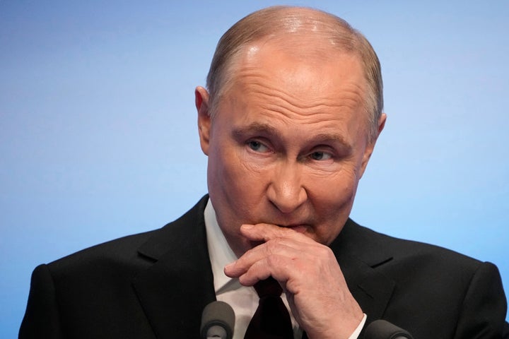 Russian President Vladimir Putin speaks on a visit to his campaign headquarters after the presidential election in Moscow, Russia, early Monday, March 18, 2024. 