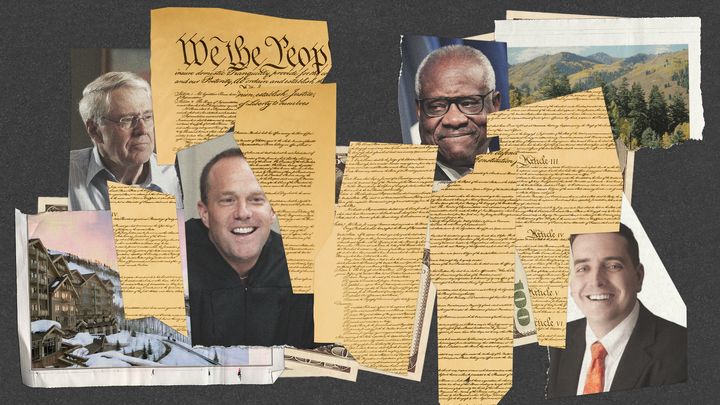 A secretive group is using large donations from Charles Koch's network to send conservative judges on lavish working vacations. From left: Koch, former Judge Thomas Lee, Supreme Court Justice Clarence Thomas and activist James Heilpern, who organizes the trips.