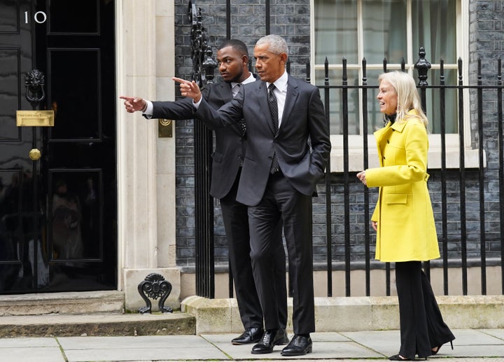 Former US president Barack Obama (centre) with United States ambassador to the United Kingdom Jane Hartley, leave following a meeting at 10 Downing Street, London. Picture date: Monday March 18, 2024. See PA story POLITICS Obama. Photo credit should read: Stefan Rousseau/PA Wire (Photo by Stefan Rousseau/PA Images via Getty Images)