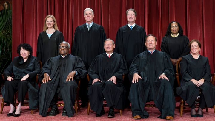 Breyer reportedly did not accuse any of the judges of being partisan or acting in bad faith. Pictured from the left, bottom row: Justice Sonia Sotomayor, Justice Clarence Thomas, Chief Justice of the United States John Roberts, Justice Samuel Alito and Justice Elena Kagan. Top row, from left: Justice Amy Coney Barrett, Justice Neil Gorsuch, Justice Brett Kavanaugh and Justice Ketanji Brown Jackson.