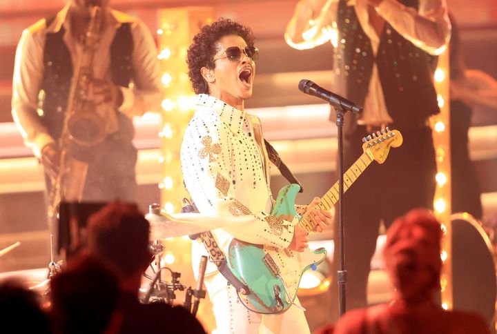 Bruno Mars performs onstage at the 2022 Annual Grammy Awards, held at the MGM Grand Garden Arena in Las Vegas. MGM denied rumors the singer was in major debt with the hospitality giant.