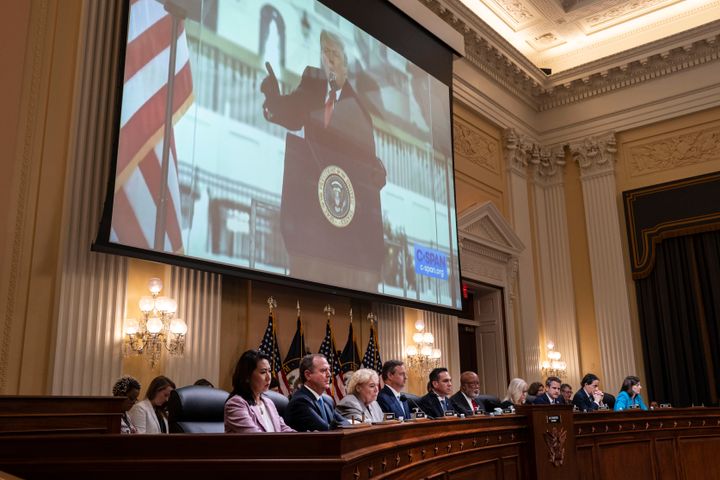 Donald Trump is seen lying about the 2020 general election results on a video screen during a House committee hearing on June 16, 2022, in Washington.