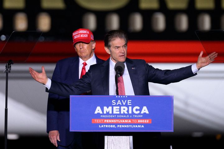 Former President Donald Trump, left, cited concerns over McCormick's ties to China when he endorsed Dr. Mehmet Oz in Pennsylvania's GOP Senate primary in 2022. Oz would defeat McCormick in the primary and lose to Democrat John Fetterman in the general election.