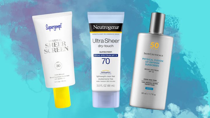 Supergoop! Mineral Sheer Screen, Neutrogena Ultra Sheer dry-touch sunscreen and SkinCeuticals Physical Fusion UV Defense Sunscreen.