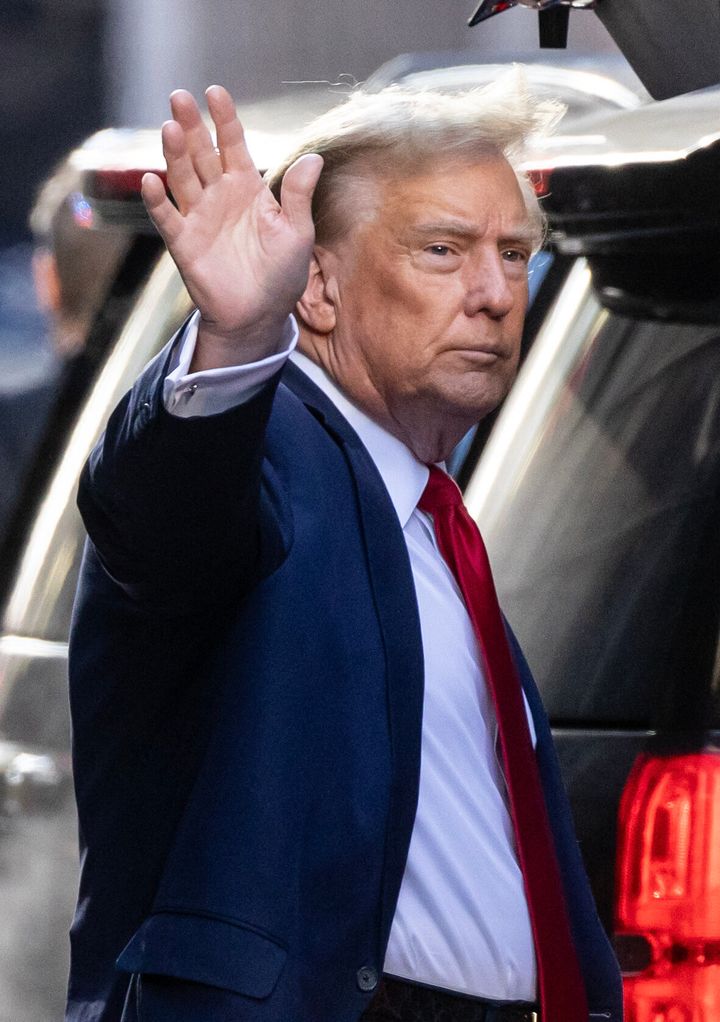 Former President Donald Trump on his way to a hearing in his case of paying hush money to cover up extramarital affairs in New York City on Feb. 15, 2024.