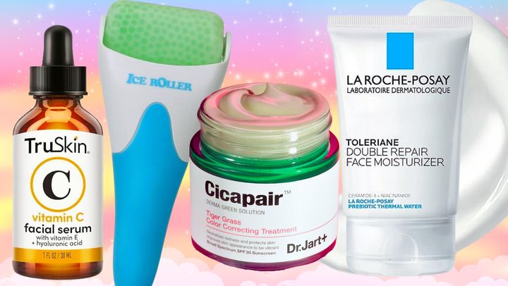 The TruSkin Vitamin C Serum, the Esarora facial ice roller, the Dr. Jart+'s Mini Cicapair Tiger Grass Color-Correcting Treatment and the La Roche-Posay Toleriane Double Repair Face Moisturizer.