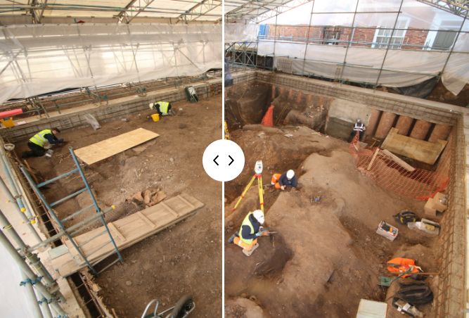 Τότε και τώρα: Η αρχαιολογική ανασκαφή στον καθεδρικό ναό του Λέστερ τον Ιούνιο του 2022 (αριστερά) και τον Φεβρουάριο του 2023 (δεξιά)