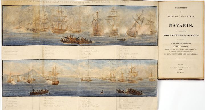 Robert Burford (1791-1861). Περιγραφή μια άποψης της Ναυμαχίας του Ναβαρίνου που εκτίθεται τώρα στο Πανόραμα, επί του Strand. Φιλοτεχνημένη […] από τους επίσημους χάρτες και σχέδια […], Λονδίνο 1828