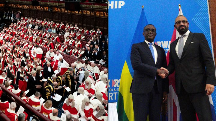 The House of Lords (left) and Rwandan minister of foreign affairs Vincent Biruta and UK home secretary James Cleverly signing a new treaty in Kigali, Rwanda in December.