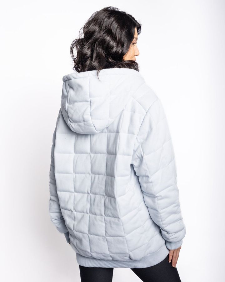 The weighted Thera hoodie features thousands of glass micro-beads that are sewn into each panel of the jacket to evenly distribute its 10-pound weight.