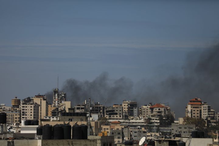 GAZA CITY, GAZA - MARCH 21: Smoke rises after the Israeli army bombed a building in the Al-Shifa Medical Complex in the western part of Gaza City on March 21, 2024. (Photo by Dawoud Abo Alkas/Anadolu via Getty Images)