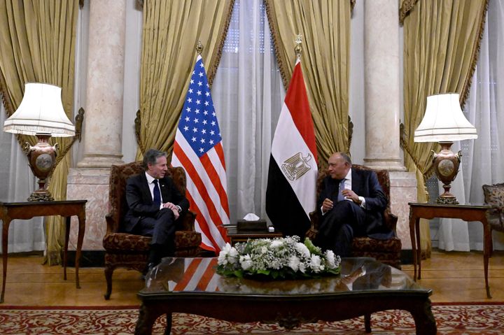Egypt's Foreign Minister Sameh Shoukry (R) meets with U.S. Secretary of State Antony Blinken at the Tahrir Palace in Cairo, on March 21, 2024.