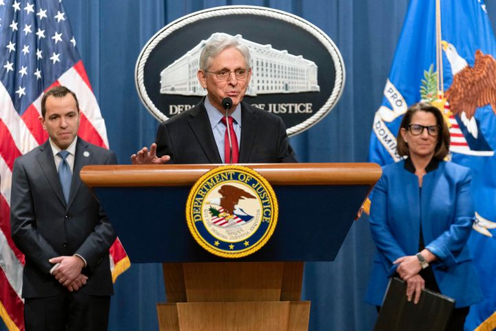 Attorney General Merrick Garland accompanied by New Jersey Attorney General Matthew Platkin and Deputy Attorney General Lisa Monaco, speaks during a news conference at the Department of Justice headquarters in Washington, Thursday, March 21, 2024. (AP Photo/Jose Luis Magana)