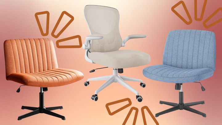The Pukami armless swivel chair, an ergonomic desk chair with movable arms and a padded office chair.
