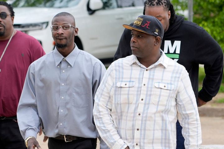 Michael Corey Jenkins, left, and Eddie Terrell Parker walk toward the Thad Cochran United States Courthouse in Jackson, Mississippi, on March 21, 2024, for sentencing on the fifth of the six former Mississippi Rankin County law enforcement officers who committed numerous acts of racially motivated, violent torture on them in 2023.