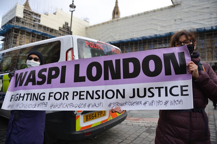 A WASPI (Women Against State Pension Inequality) banner