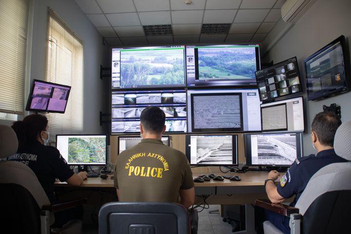The control room of the new camera systems in Nea Vyssa. Greece strengthens its surveillance capabilities to fight the increased refugee and migrants flows from Turkey. The border protection at Greek Turkish borders in Evros region is reinforced, supported by the EU, with more Frontex personnel and vehicles, more Greek border police officers, drones, building a new fence and wall, watchtowers with thermal remote cameras and radar on the tower, new combat vehicles and control rooms. On 20 August 2021 Greek ministers visited Evros to inspect the process of the steel fence works and the border surveillance systems against the new expected migrant crossing as EU is expecting a new asylum seeker wave from people from Afghanistan. Evros Region, Greece on June 18, 2021 (Photo by Nicolas Economou/NurPhoto via Getty Images)