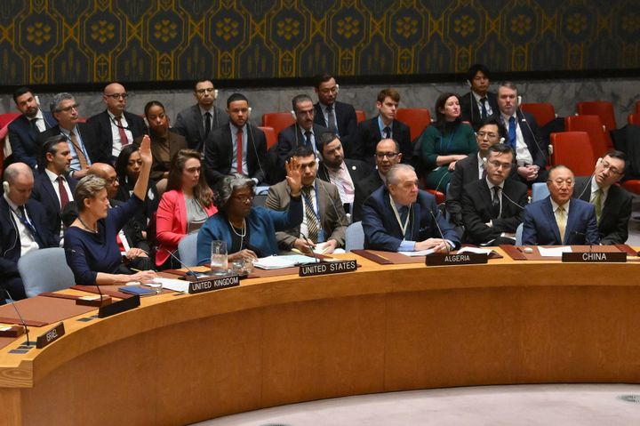 The UN Security Council votes on a motion for a Gaza ceasefire and hostage deal vote at UN headquarters in New York, on March 22, 2024. (Photo by ANGELA WEISS/AFP via Getty Images)