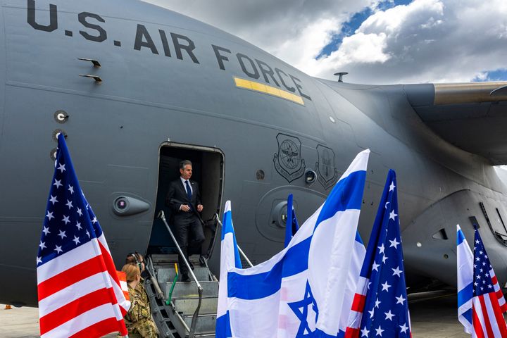 US Secretary of State Antony Blinken disembarks from an aircraft upon his arrival in Tel Aviv from Cairo, as the push for a ceasefire between the Palestinian militant group Hamas and Israel continues on March 22, 2024. (Photo by EVELYN HOCKSTEIN/POOL/AFP via Getty Images)