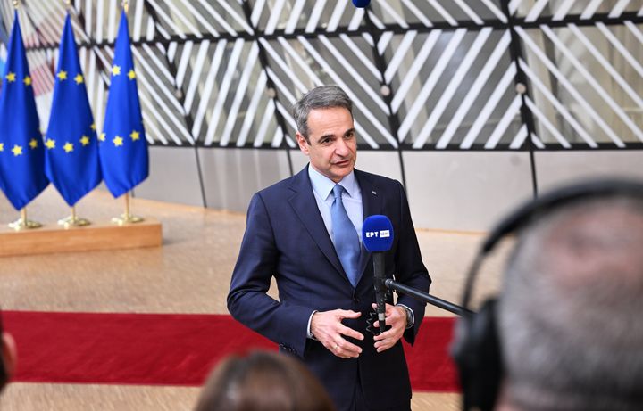 BRUSSELS, BELGIUM - MARCH 21: Greek Prime Minister Kiriakos Mitsotakis makes statements to the press prior to European Union (EU) summit in Brussels, Belgium on March 21, 2024. During the two-day summit, EU leaders will discuss Ukraine's support, the Middle East situation, enlargement issues, migration, and agriculture. (Photo by Dursun Aydemir/Anadolu via Getty Images)