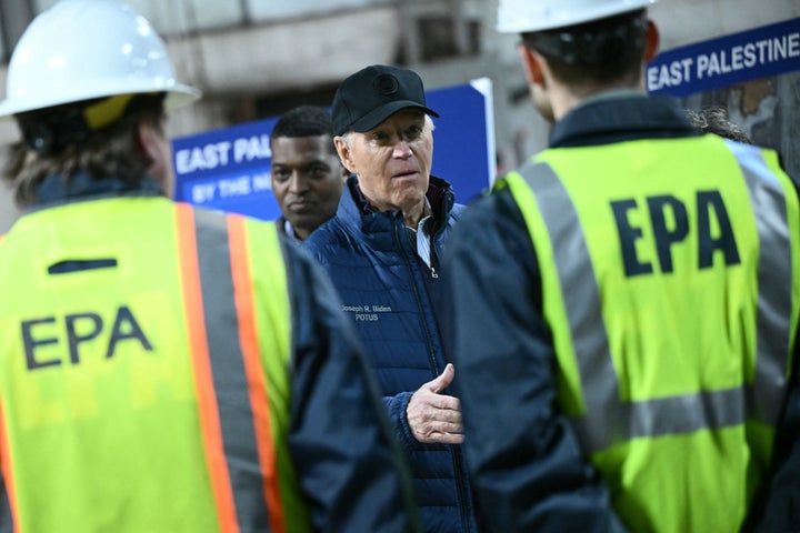 Biden is pictured during a visit to East Palestine, Ohio, on Feb. 16.