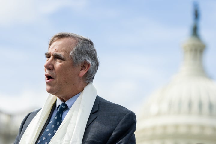 Sen. Jeff Merkley (D-Ore.) speaks during a press conference in support of Tibet outside the U.S. Capitol in Washington, D.C., March 28, 2023.