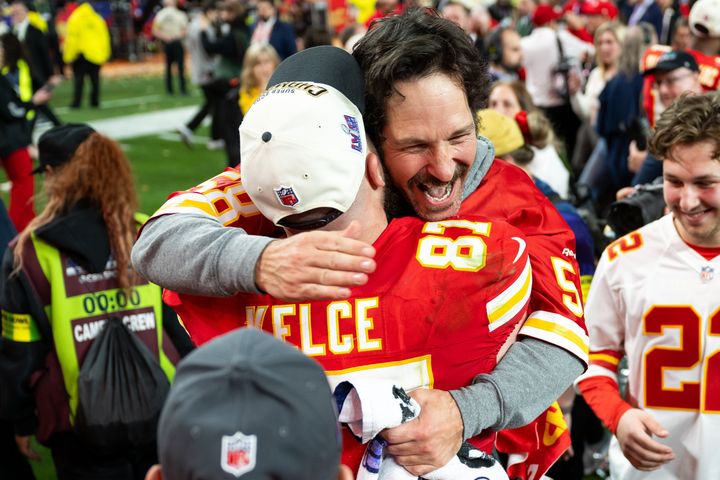Rudd and Kelce shared an embraced at Allegiant Stadium in Las Vegas after the Super Bowl. 