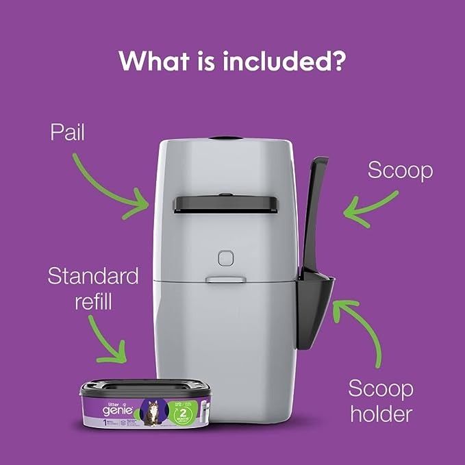 The Litter Genie comes with its signature odor-containing bin, a scooper, a scoop holder and a replacement liner bag.