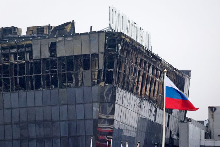 A view of the Crocus City Hall burned after an attack is seen on the western edge of Moscow, Russia, Saturday, March 23, 2024. (AP Photo/Vitaly Smolnikov)