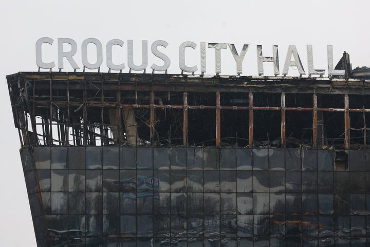 A view shows the burned Crocus City Hall concert hall, the scene of the gun attack, in Krasnogorsk, outside Moscow, on March 23, 2024. (Photo by STRINGER/AFP via Getty Images)