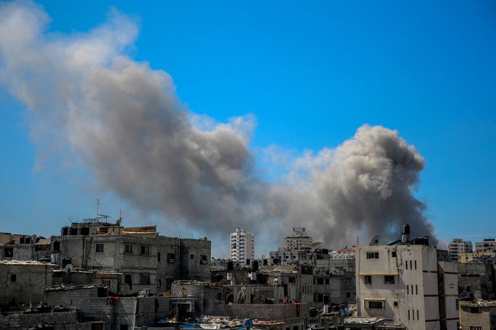 Smoke is shown billowing after Israeli bombardment in the vicinity of the al-Shifa hospital in Gaza City on March 23, 2024, amid ongoing battles between Israel and the militant group Hamas.