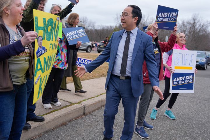Rep. Andy Kim greets supporters outside the Bergen County Democratic convention on March 4. He ran as an underdog up against an insider system.