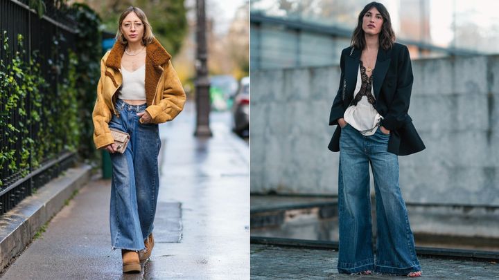 Stylist Emy Venturini and designer Jeanne Damas in denim jeans flare pants.