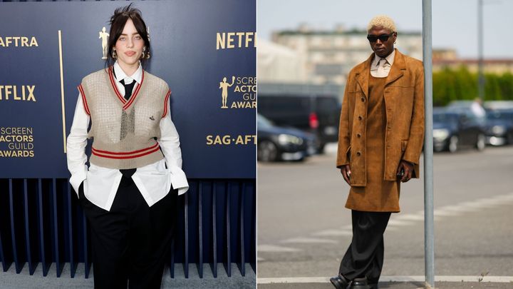 Billie Eilish at the 30th Annual Screen Actors Guild Awards last month and a guest at Milan Fashion Week in June 2023 wear gender-fluid looks.