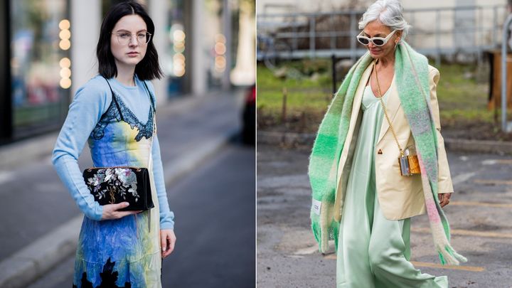 Former stylist Maria Barteczko wearing a slip dress over a tee in Duesseldorf, Germany. To the right, fashion influencer Grece Ghanem wears a silk dress with a mustard yellow blazer during the Copenhagen Fashion Week in January 2023.
