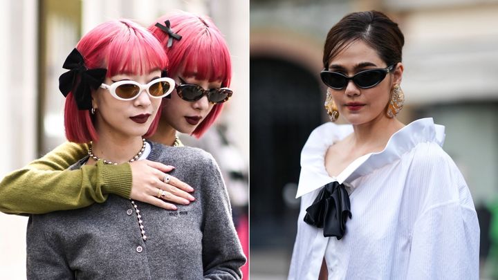 Ami Suzuki and Aya Suzuki of music duo Amiaya are seen wearing bows outside the Miu Miu show during Paris fashion week in October 2023. To the right, Thai actress Araya Hargate wears a long white oversized shirt with ruffles and a black bow tie, outside Viktor & Rolf during Paris fashion week in January 2024.