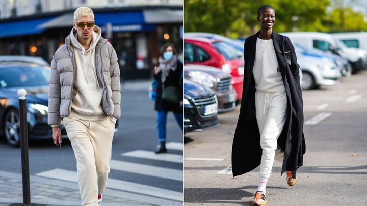 A guest wears a pale yellow hoodie sweater and matching pale yellow sport pants during Paris fashion week in January 2022. To the right, a model wears a white pullover and cropped white jogger pants during Paris fashion week in October 2020.