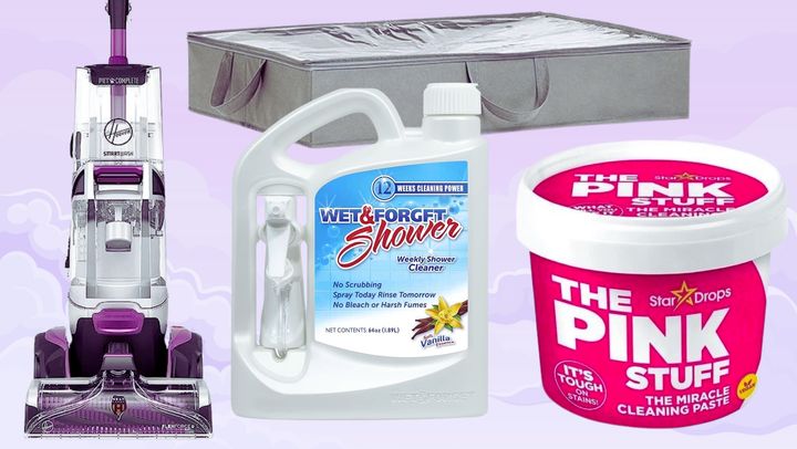 The Hoover carpet shampooer and cleaner, the Wet and Forget shower cleaner, an under-bed fabric storage organizer and The Pink Stuff cleaning paste.