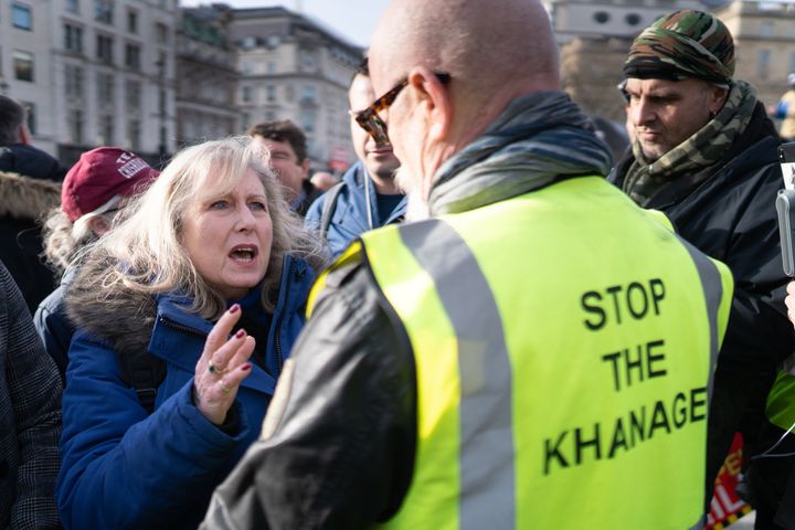 Susan Hall, the Conservative London Mayoral Candidate, speaking to protesters during an anti-Ulez protest in Trafalgar Square.