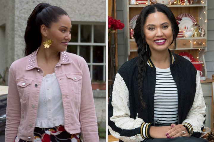 Ayesha Curry in Irish Wish (left) and in the Great American Baking Show tent (right)