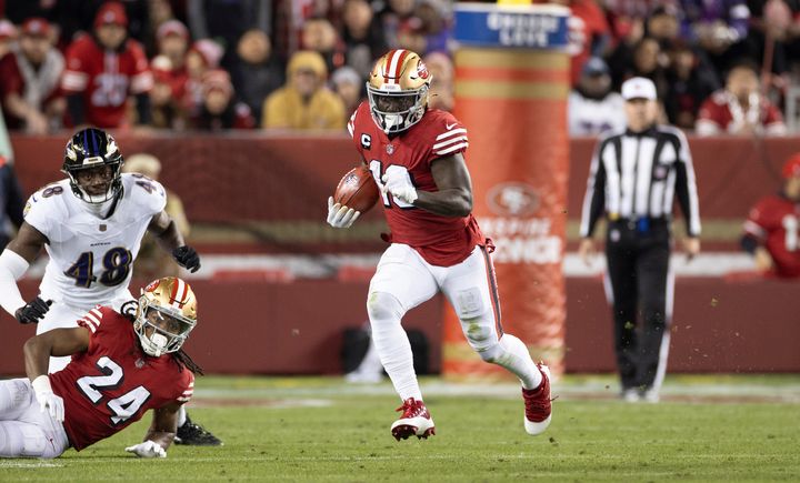 Deebo Samuel of the 49ers returns a kickoff against the Ravens in a play that had become somewhat rare. There were nearly 2,000 touchbacks on kickoffs last season that could now be returns under the rules change.